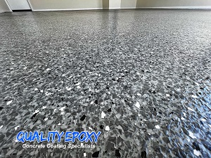 Quality flakes covering Garage Floor with Dark Gray Sky Blue Flakes Blend