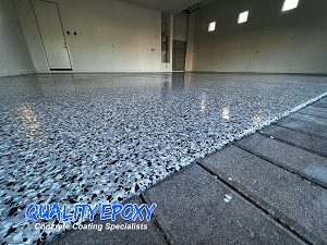 Quality Epoxy Garage Floor with Dark Gray Base Sky Blue Chip Blend